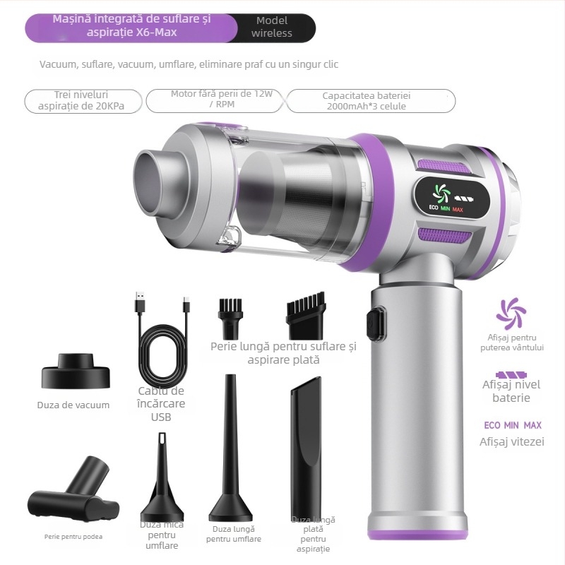 Aspirator auto fără fir, manual și portabil, 11.1V, 100W, aspirație 20000 Pa, reîncărcabil, 75 dB