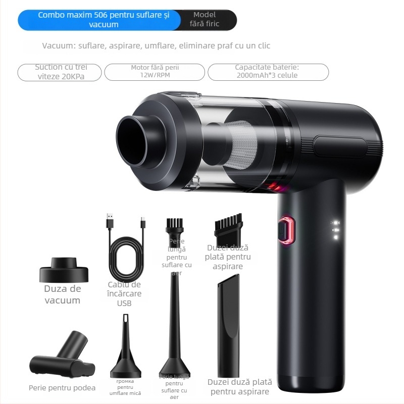 Aspirator auto fără fir, manual și portabil, 11.1V, 100W, aspirație 20000 Pa, reîncărcabil, 75 dB