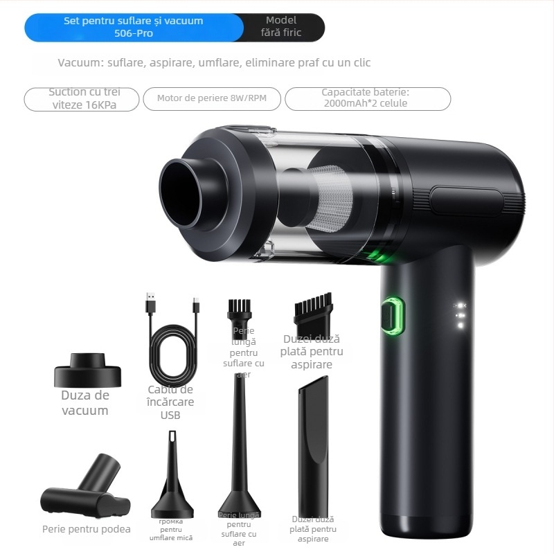 Aspirator auto fără fir, manual și portabil, 11.1V, 100W, aspirație 20000 Pa, reîncărcabil, 75 dB