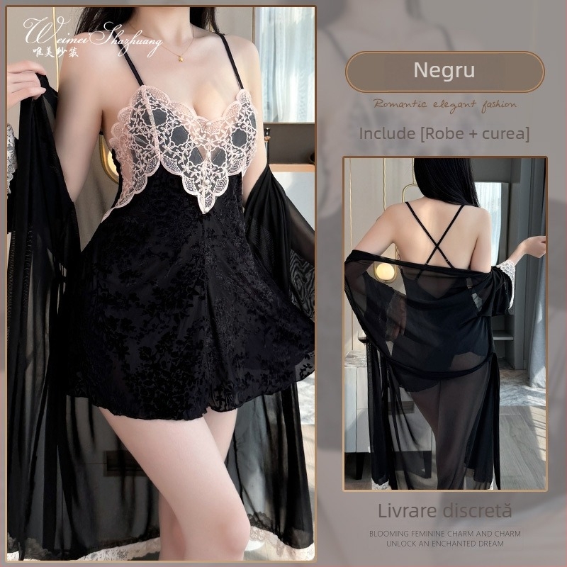 Pijamă din catifea, stil camisole, decolteu în V, mâneci evazate, lungime până la fustă