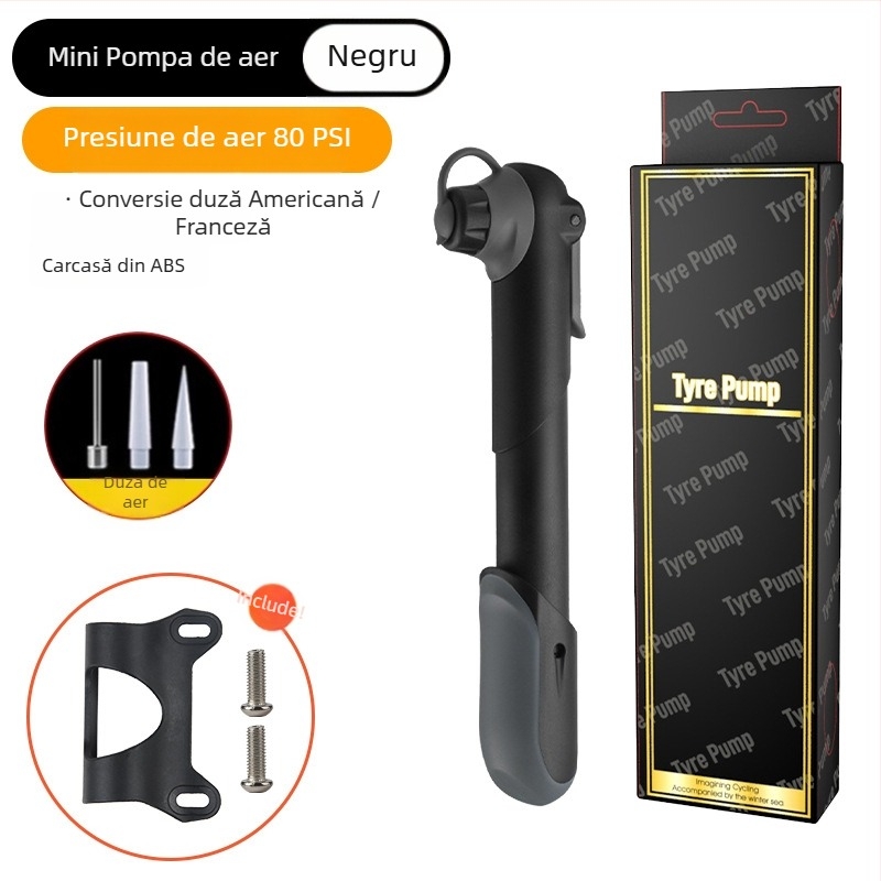 Pompa manuală portabilă pentru bicicletă cu manometru (Model 61, corp din plastic)