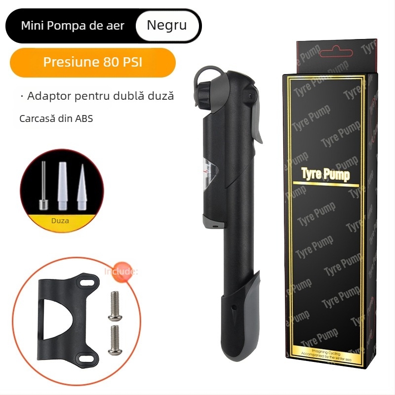 Pompa manuală portabilă pentru bicicletă cu manometru (Model 61, corp din plastic)