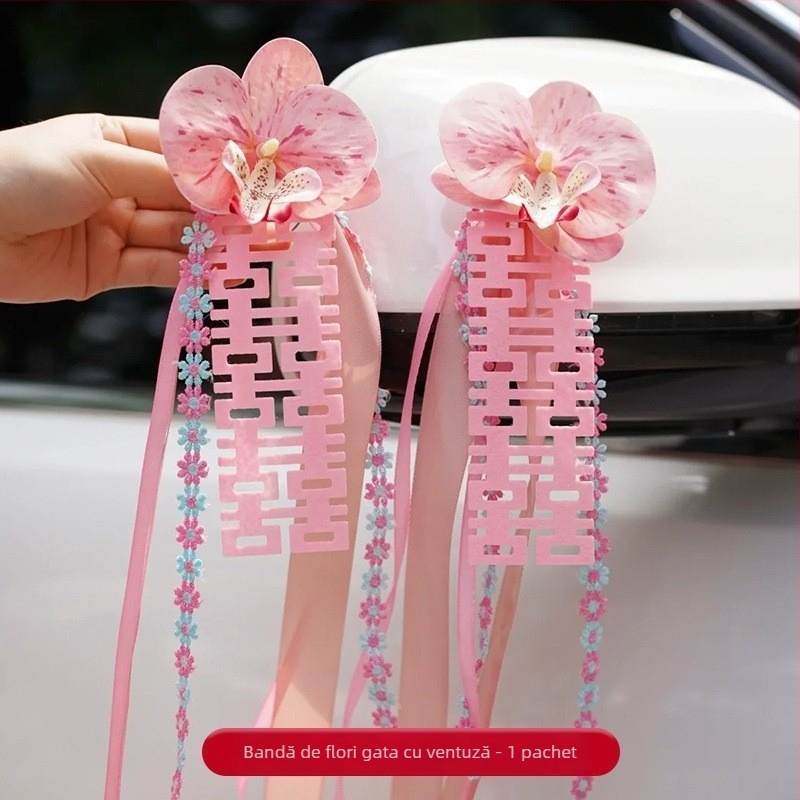 Decor auto pentru nuntă – ghirlandă de mână pentru oglinda retrovizoare și mânerelor ușilor (Material: Snow gauze; Ambalaj: pungă OPP; Pentru nuntă; Alte accesorii de nuntă)