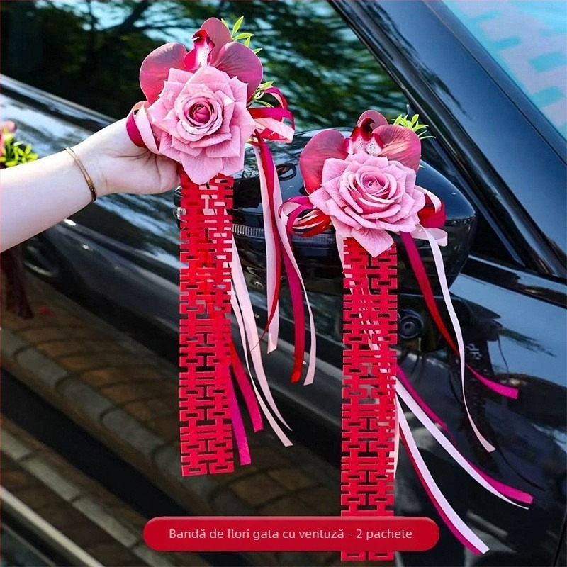 Decor auto pentru nuntă – ghirlandă de mână pentru oglinda retrovizoare și mânerelor ușilor (Material: Snow gauze; Ambalaj: pungă OPP; Pentru nuntă; Alte accesorii de nuntă)