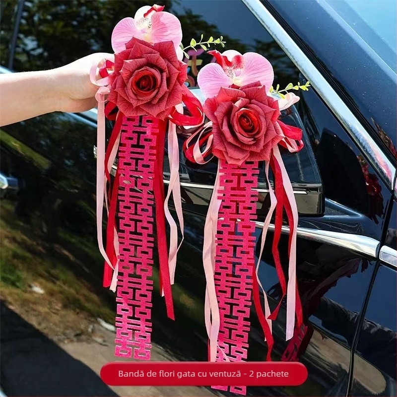 Decor auto pentru nuntă – ghirlandă de mână pentru oglinda retrovizoare și mânerelor ușilor (Material: Snow gauze; Ambalaj: pungă OPP; Pentru nuntă; Alte accesorii de nuntă)