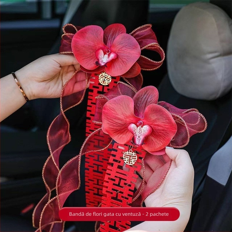 Decor auto pentru nuntă – ghirlandă de mână pentru oglinda retrovizoare și mânerelor ușilor (Material: Snow gauze; Ambalaj: pungă OPP; Pentru nuntă; Alte accesorii de nuntă)