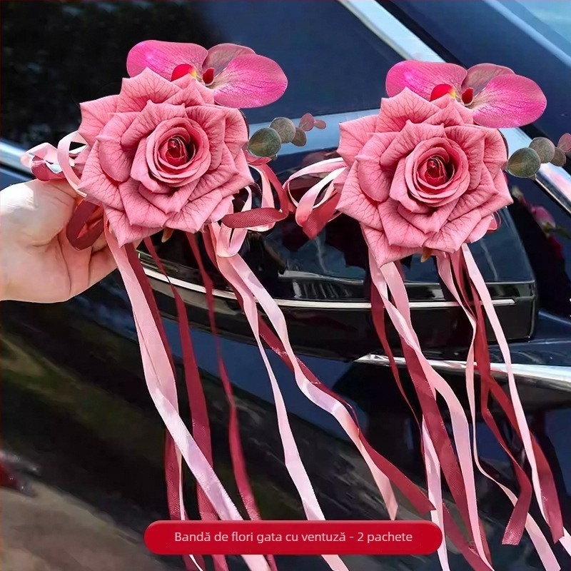 Decor auto pentru nuntă – ghirlandă de mână pentru oglinda retrovizoare și mânerelor ușilor (Material: Snow gauze; Ambalaj: pungă OPP; Pentru nuntă; Alte accesorii de nuntă)
