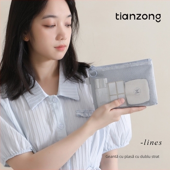 Geantă cosmetică, model Lines double zipper storage bag, pânză Oxford, multifuncțională, pentru călătorii