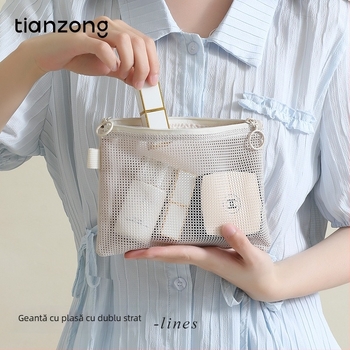 Geantă cosmetică, model Lines double zipper storage bag, pânză Oxford, multifuncțională, pentru călătorii