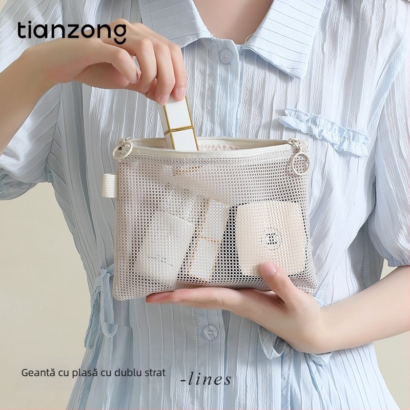 Geantă cosmetică, model Lines double zipper storage bag, pânză Oxford, multifuncțională, pentru călătorii