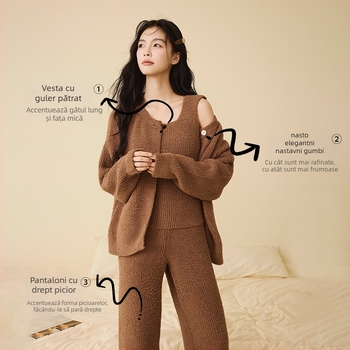 Set de pijamale din catifea semi-velur, stil coreean, trei piese, guler rotund, mâneci lungi, pantaloni, poate fi purtat și în exterior