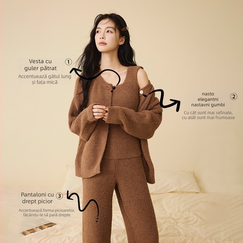 Set de pijamale din catifea semi-velur, stil coreean, trei piese, guler rotund, mâneci lungi, pantaloni, poate fi purtat și în exterior