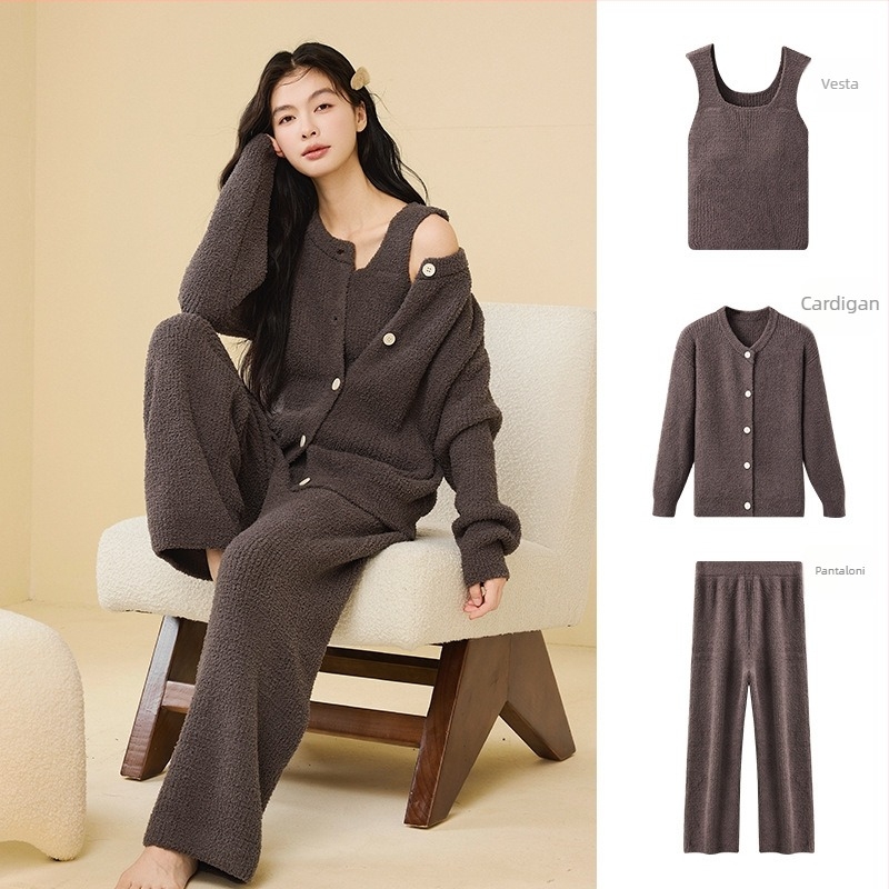 Set de pijamale din catifea semi-velur, stil coreean, trei piese, guler rotund, mâneci lungi, pantaloni, poate fi purtat și în exterior