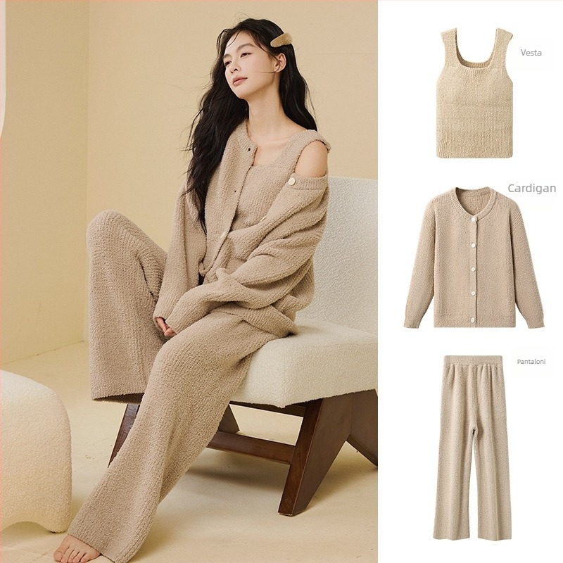 Set de pijamale din catifea semi-velur, stil coreean, trei piese, guler rotund, mâneci lungi, pantaloni, poate fi purtat și în exterior