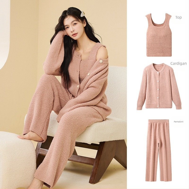 Set de pijamale din catifea semi-velur, stil coreean, trei piese, guler rotund, mâneci lungi, pantaloni, poate fi purtat și în exterior