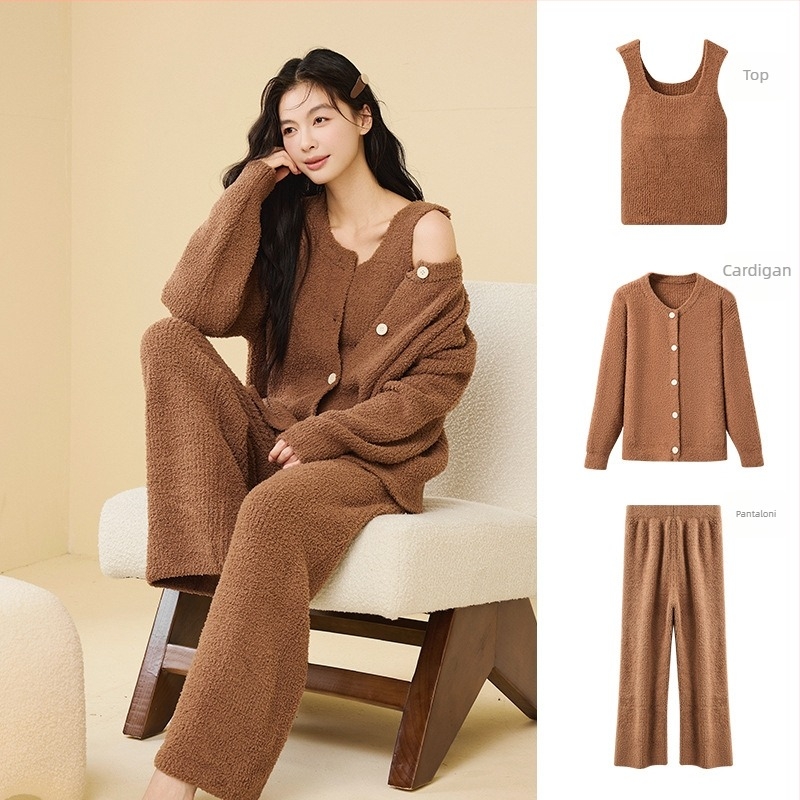 Set de pijamale din catifea semi-velur, stil coreean, trei piese, guler rotund, mâneci lungi, pantaloni, poate fi purtat și în exterior