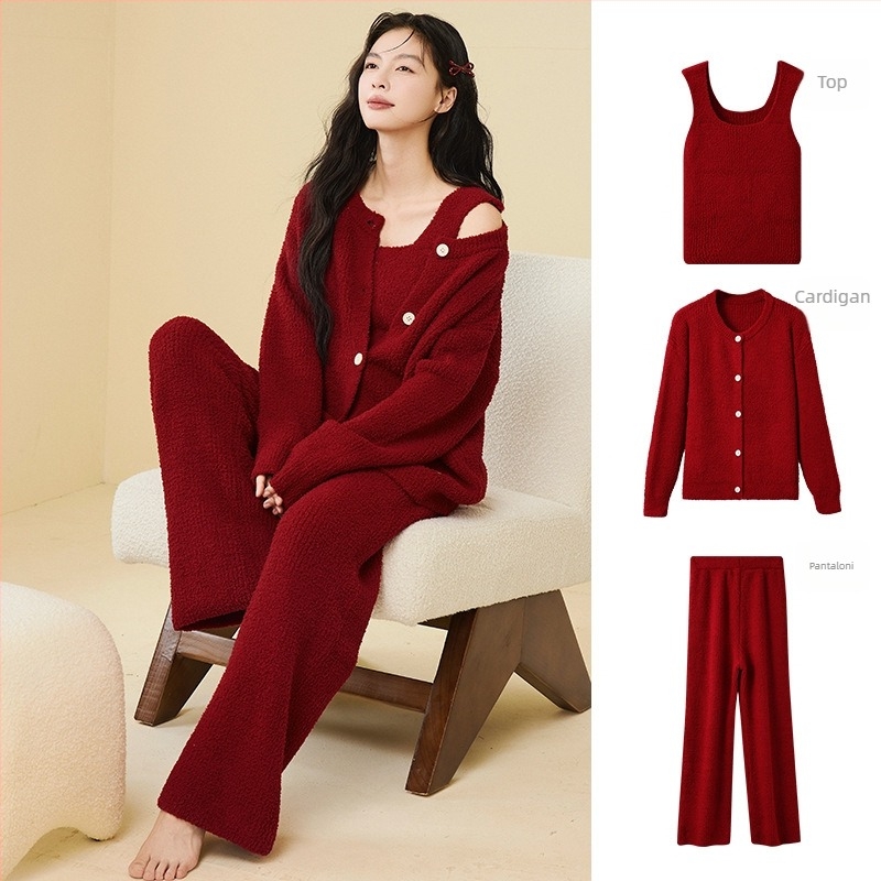 Set de pijamale din catifea semi-velur, stil coreean, trei piese, guler rotund, mâneci lungi, pantaloni, poate fi purtat și în exterior