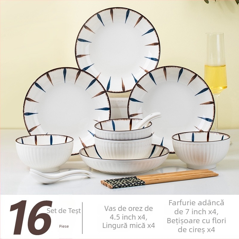 Set de veselă din porțelan pentru servire, cu model în dungi, suprafață underglaze, formă circulară, compatibil cu microunde