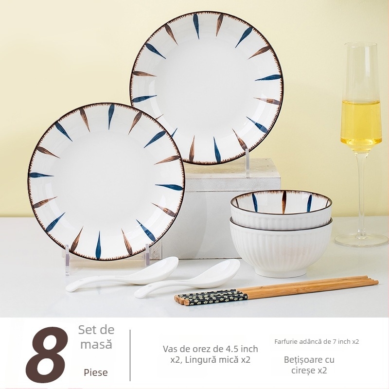 Set de veselă din porțelan pentru servire, cu model în dungi, suprafață underglaze, formă circulară, compatibil cu microunde