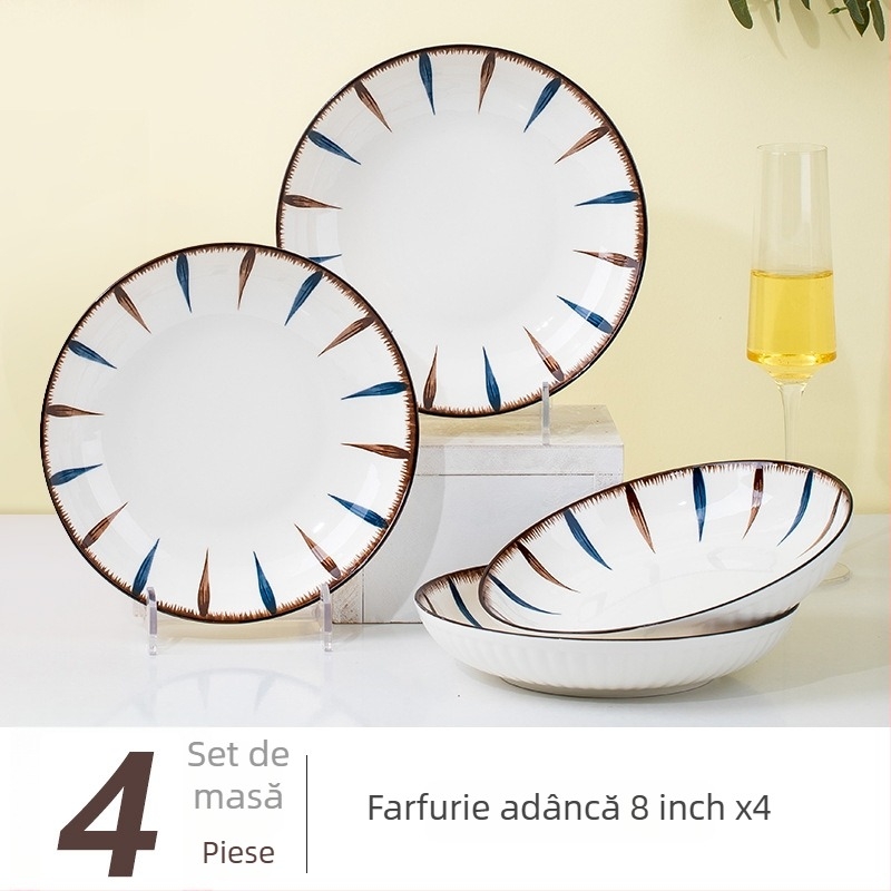 Set de veselă din porțelan pentru servire, cu model în dungi, suprafață underglaze, formă circulară, compatibil cu microunde