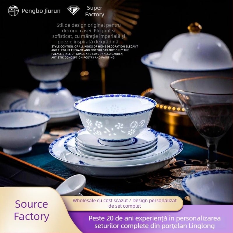Set de veselă din porțelan cu model floral, stil chinezesc, formă circulară, finisaj subglazură, compatibil cu microunde, personalizabil