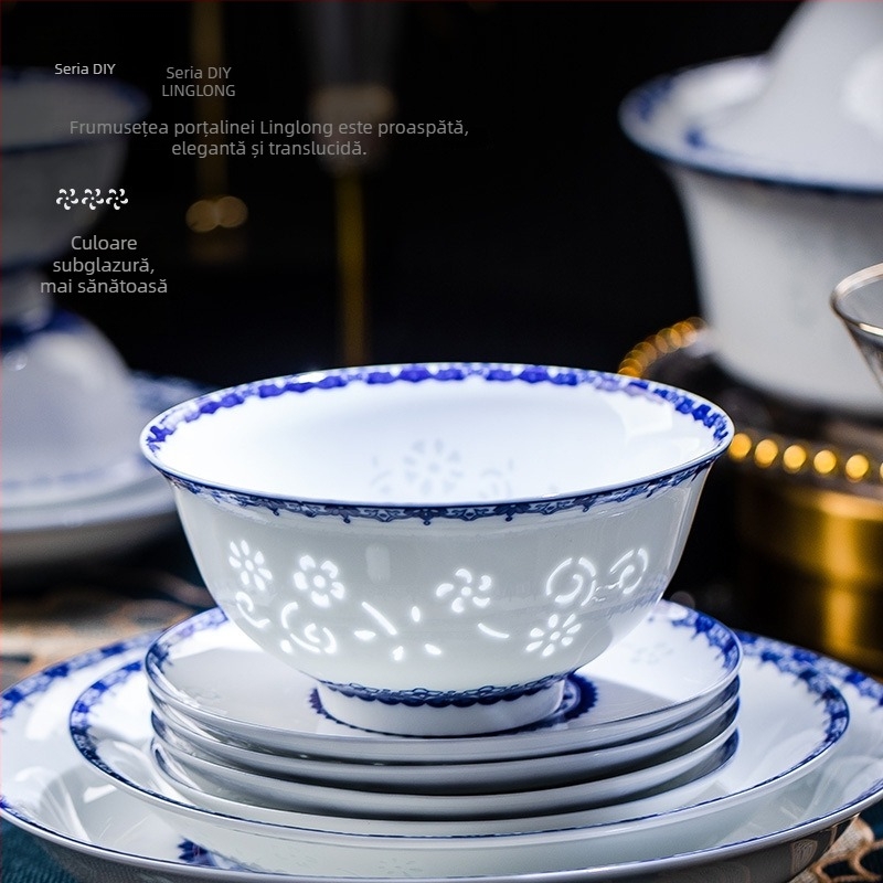 Set de veselă din porțelan cu model floral, stil chinezesc, formă circulară, finisaj subglazură, compatibil cu microunde, personalizabil