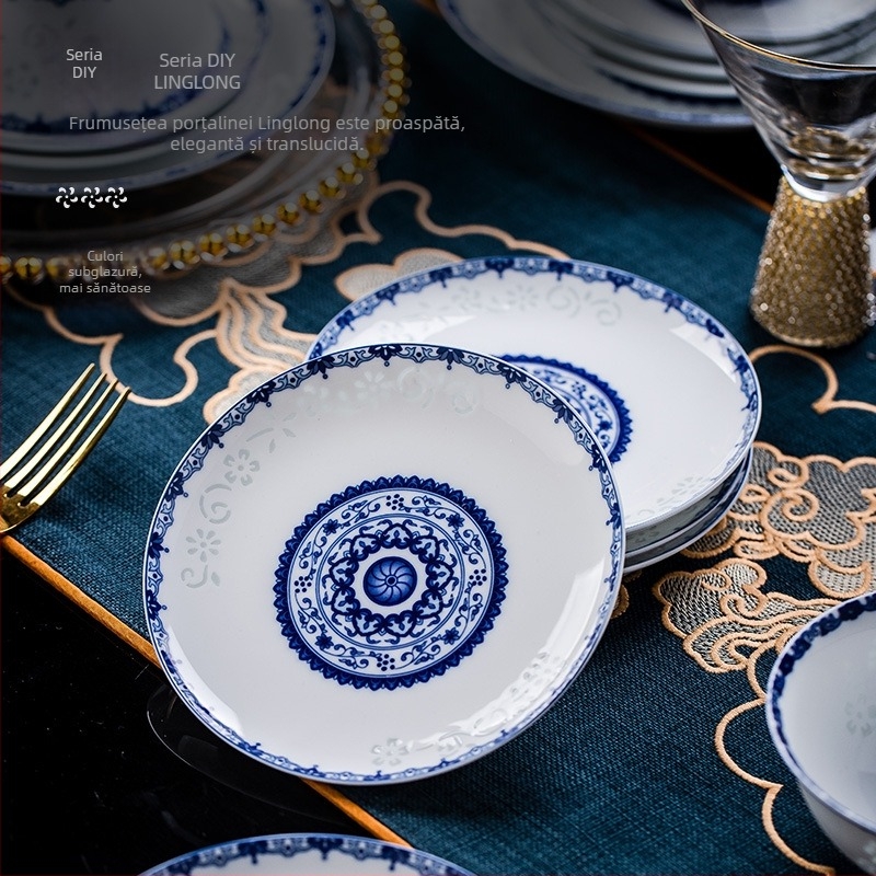 Set de veselă din porțelan cu model floral, stil chinezesc, formă circulară, finisaj subglazură, compatibil cu microunde, personalizabil