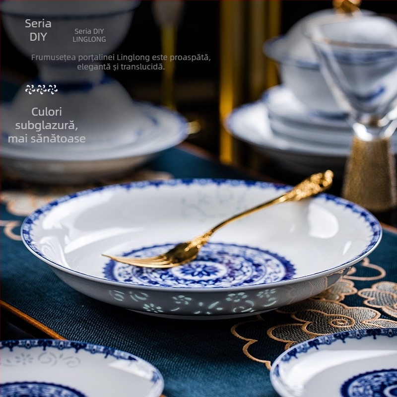 Set de veselă din porțelan cu model floral, stil chinezesc, formă circulară, finisaj subglazură, compatibil cu microunde, personalizabil