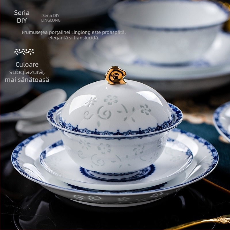 Set de veselă din porțelan cu model floral, stil chinezesc, formă circulară, finisaj subglazură, compatibil cu microunde, personalizabil