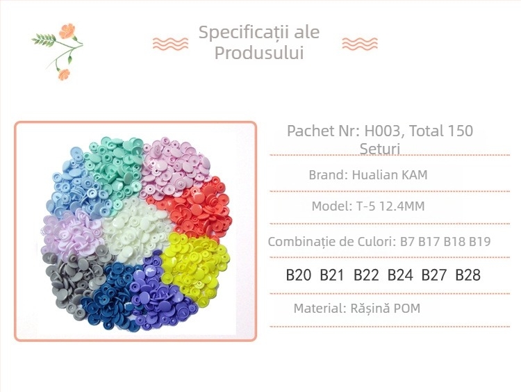 Brand Hualian KAM Buton snap T5, din rășină plastică, potrivit pentru paltoane, blugi și genți