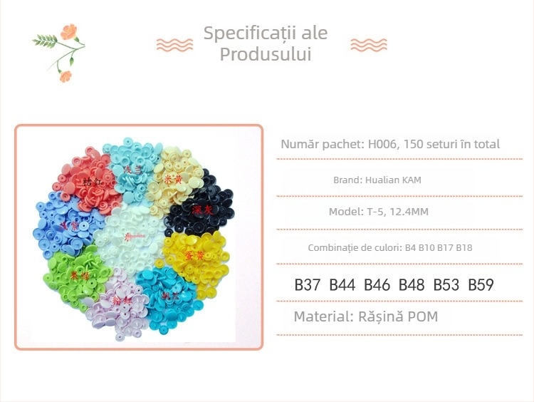 Brand Hualian KAM Buton snap T5, din rășină plastică, potrivit pentru paltoane, blugi și genți