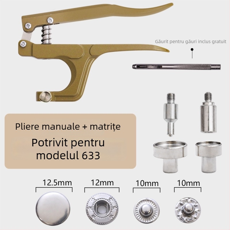 Set unelte montaj catarama metalica cu clește de presiune – pentru haine și accesorii; Material: metal; Structură: clește de presiune pentru catarame metalice; Domenii: paltoane, blugi, pălării, pantaloni, jachete de piele, genți; Marca: Xinghe