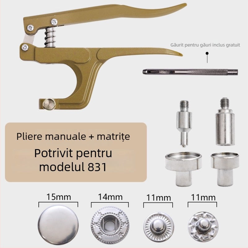Set unelte montaj catarama metalica cu clește de presiune – pentru haine și accesorii; Material: metal; Structură: clește de presiune pentru catarame metalice; Domenii: paltoane, blugi, pălării, pantaloni, jachete de piele, genți; Marca: Xinghe