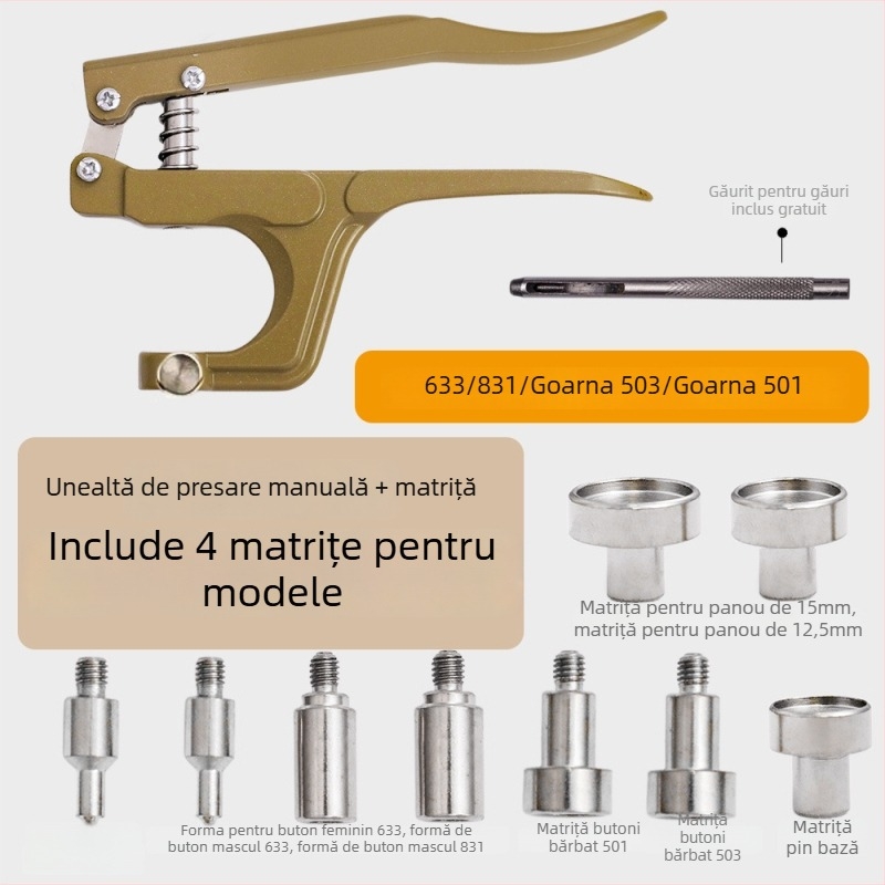 Set unelte montaj catarama metalica cu clește de presiune – pentru haine și accesorii; Material: metal; Structură: clește de presiune pentru catarame metalice; Domenii: paltoane, blugi, pălării, pantaloni, jachete de piele, genți; Marca: Xinghe