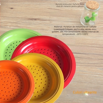 Farfurie din melamină A5 cu drenaj dublu, imitatie de porțelan, circulară pentru colțunași și fructe, stil chinezesc