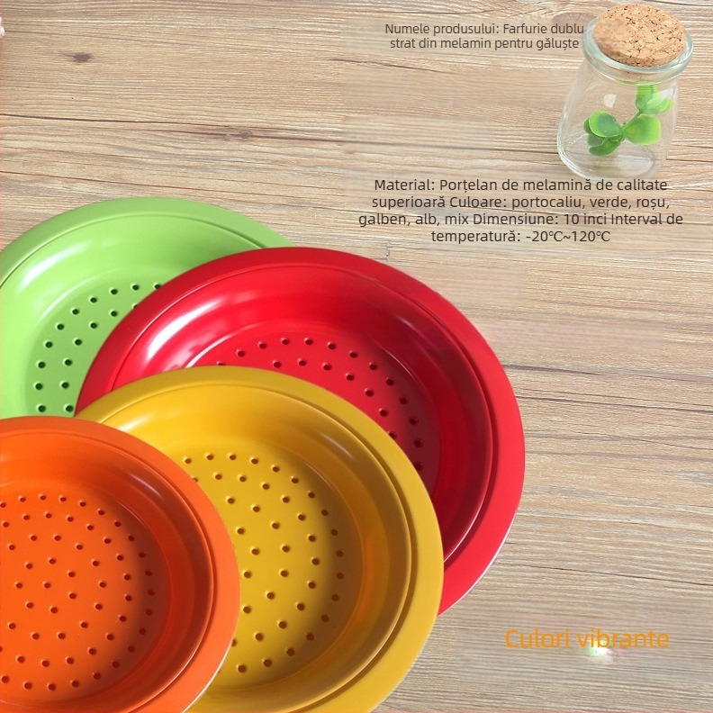 Farfurie din melamină A5 cu drenaj dublu, imitatie de porțelan, circulară pentru colțunași și fructe, stil chinezesc