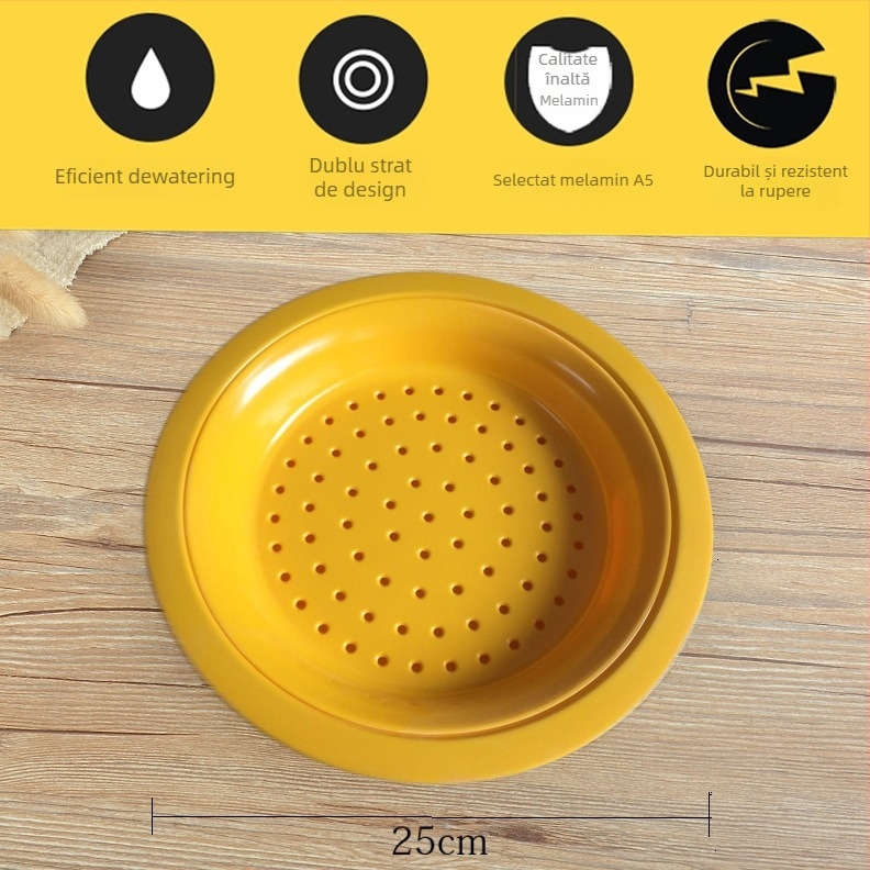 Farfurie din melamină A5 cu drenaj dublu, imitatie de porțelan, circulară pentru colțunași și fructe, stil chinezesc