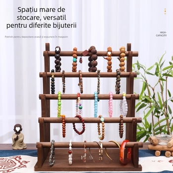 Suport de prezentare bijuterii cu cadru metalic pe bază din lemn solid, două niveluri, finisaj vopsit cu spray, stil artistic