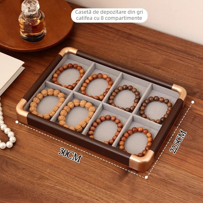 Tavă de afișare bijuterii din lemn, grilă cu nouă pătrate, 12 compartimente, lemn masiv, confecționată prin îmbinare, aspect premium