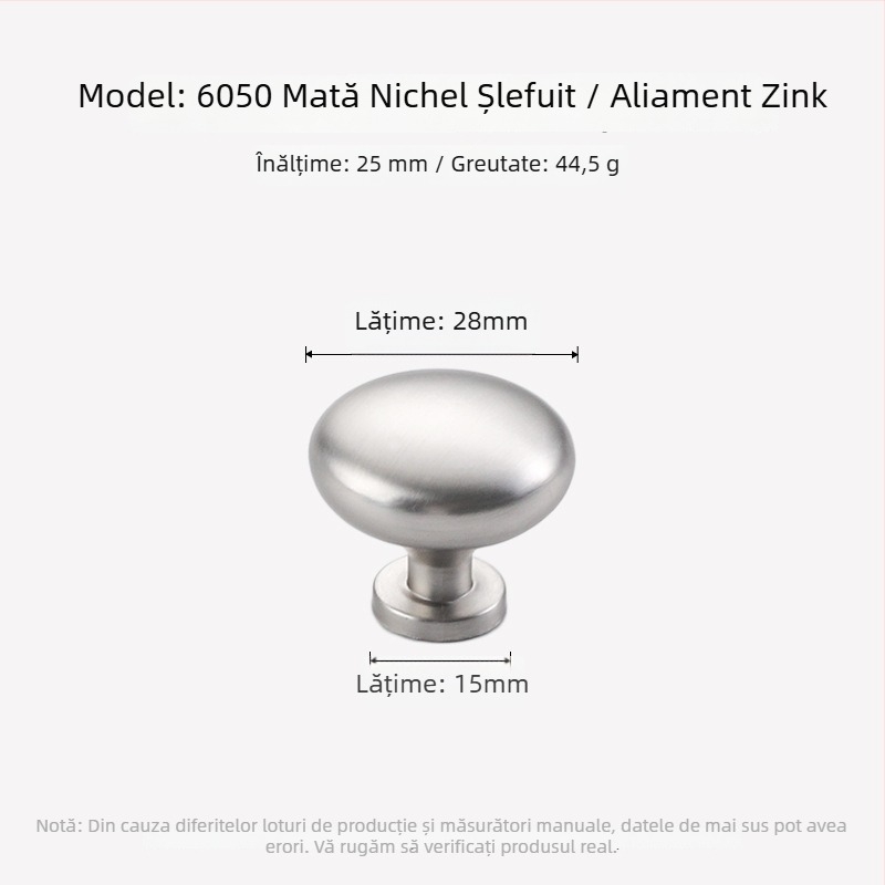 Maner ușă garderob, design rotund-oval, gaură unică, stil Nordic, aliaj zinc, finisaj mat nichelat, turnare prin matriță