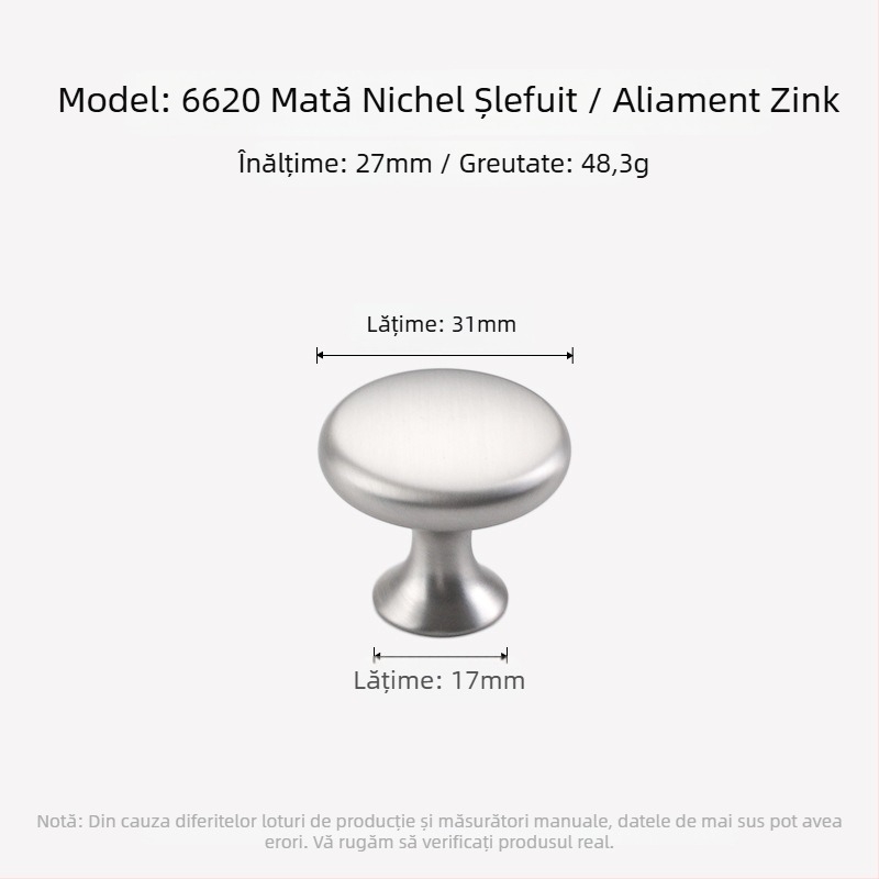 Maner ușă garderob, design rotund-oval, gaură unică, stil Nordic, aliaj zinc, finisaj mat nichelat, turnare prin matriță