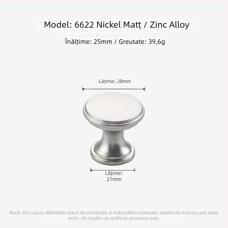 Maner ușă garderob, design rotund-oval, gaură unică, stil Nordic, aliaj zinc, finisaj mat nichelat, turnare prin matriță