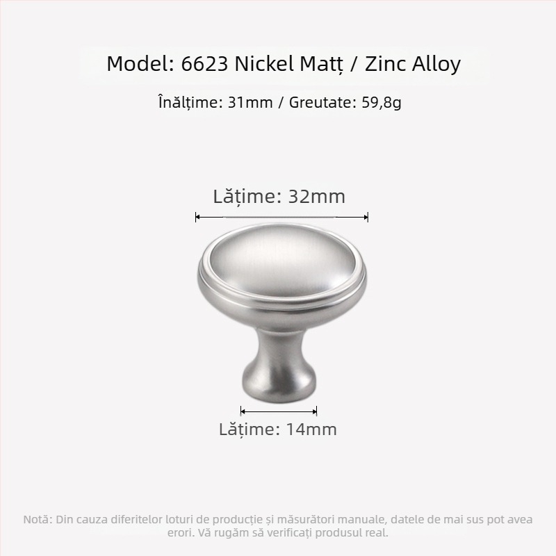 Maner ușă garderob, design rotund-oval, gaură unică, stil Nordic, aliaj zinc, finisaj mat nichelat, turnare prin matriță