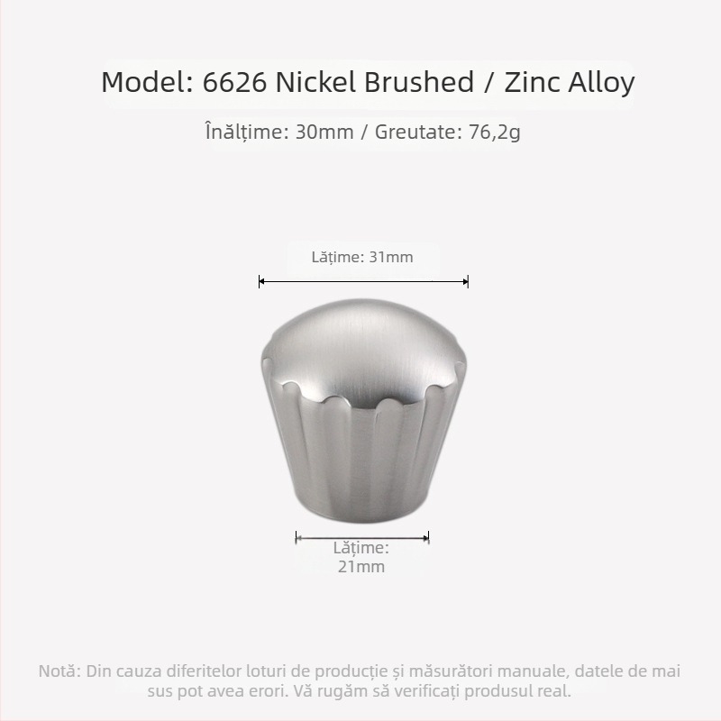 Maner ușă garderob, design rotund-oval, gaură unică, stil Nordic, aliaj zinc, finisaj mat nichelat, turnare prin matriță