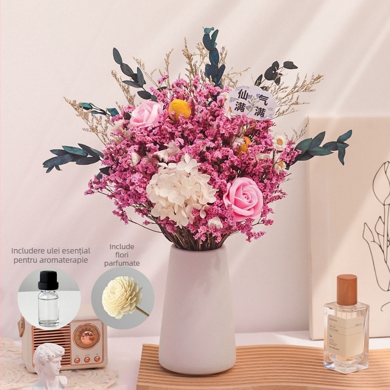 Buchet de crengi din flori uscate, vopsite, pentru decorul casei