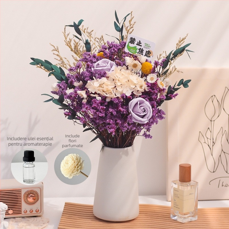 Buchet de crengi din flori uscate, vopsite, pentru decorul casei