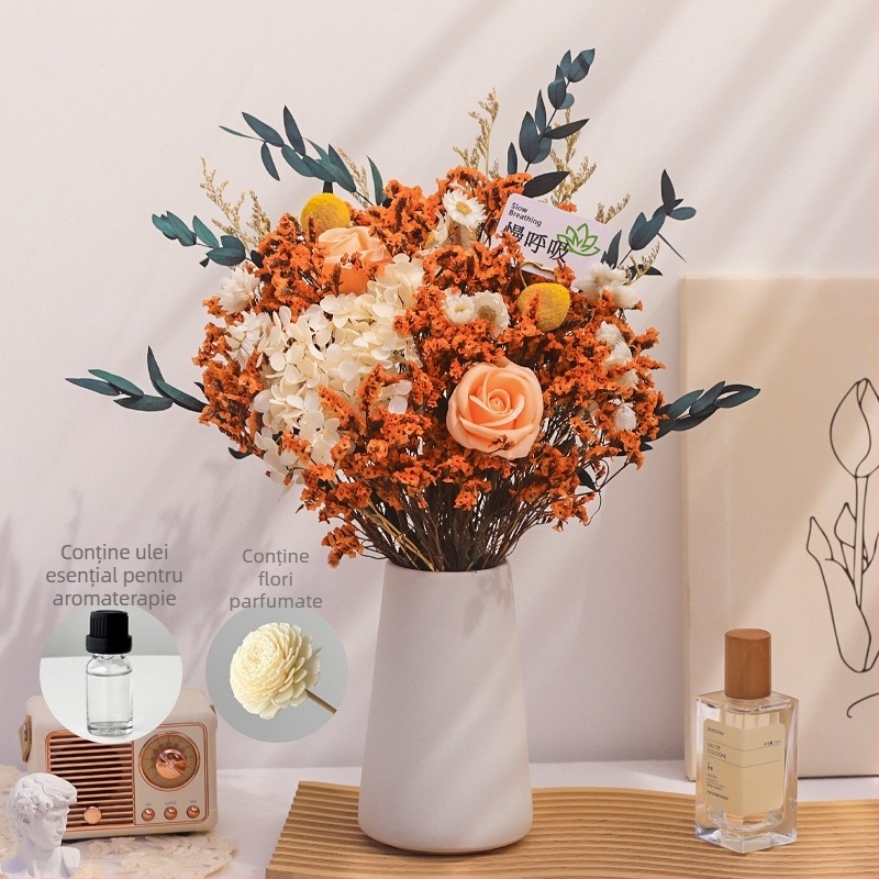 Buchet de crengi din flori uscate, vopsite, pentru decorul casei