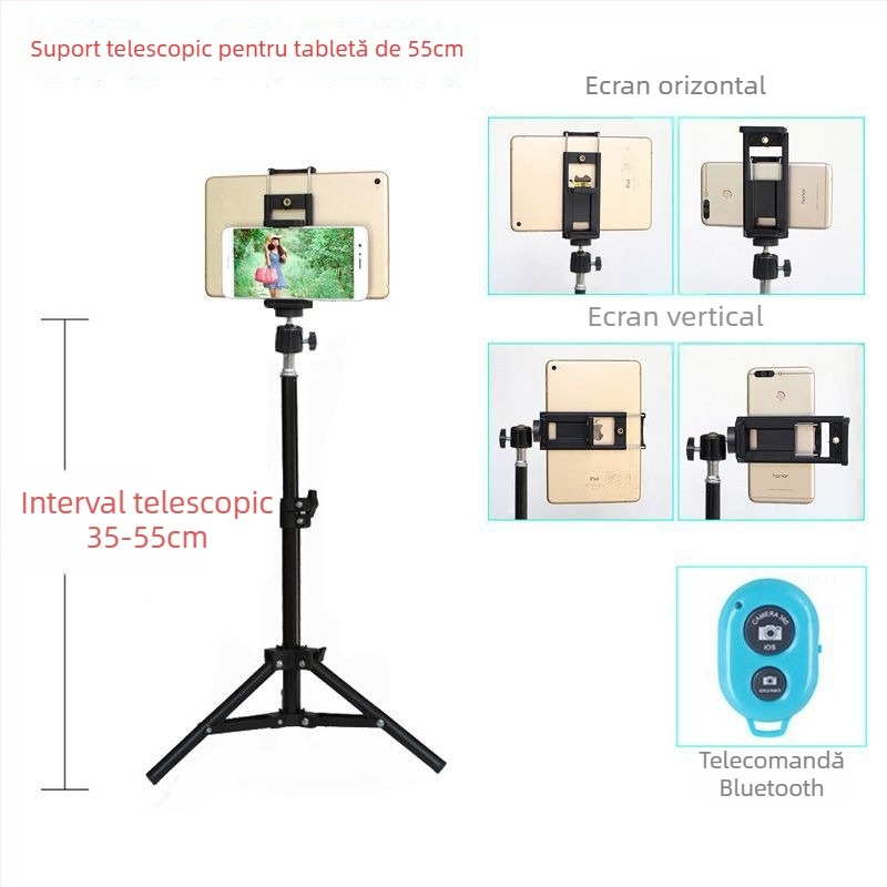 Stativ de podea pentru telefoane și tablete – structură metalică, potrivit pentru utilizare în pat, pentru streaming live, fotografie și înregistrare video