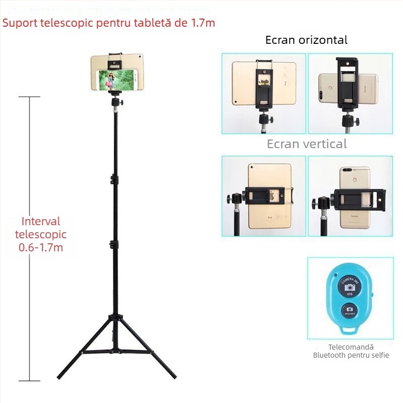 Stativ de podea pentru telefoane și tablete – structură metalică, potrivit pentru utilizare în pat, pentru streaming live, fotografie și înregistrare video