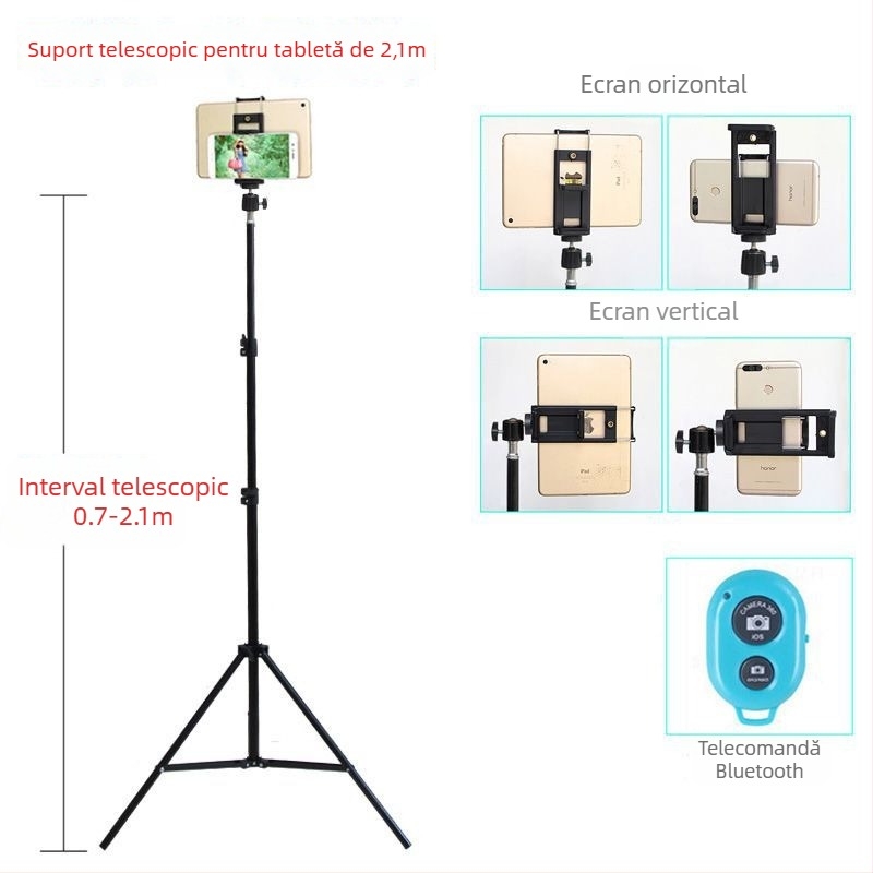 Stativ de podea pentru telefoane și tablete – structură metalică, potrivit pentru utilizare în pat, pentru streaming live, fotografie și înregistrare video